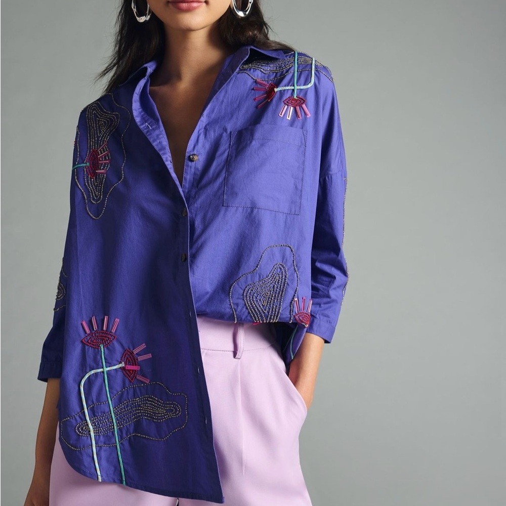 NWT Anthropologie Maeve Purple Embroidered Button Down Shirt - Picture 3 of 12